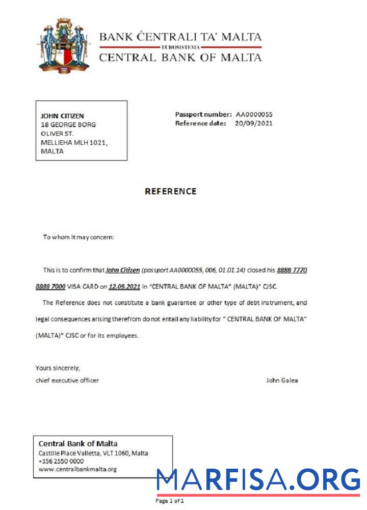 Downloadable Malta Central Bank of Malta closure reference sample